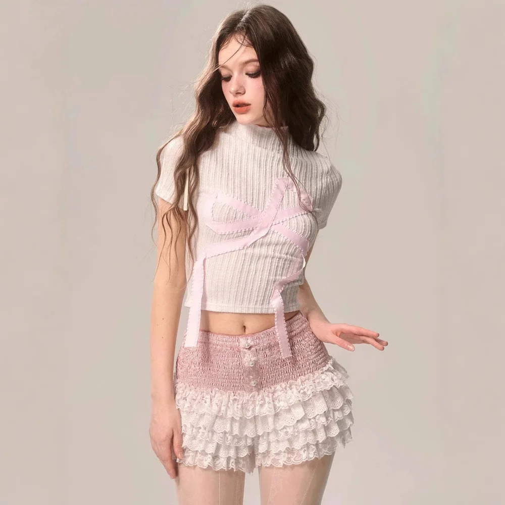 

Высокое качество, хит продаж, галстук-бабочка, сладкий пряный, с высоким воротом, с короткими рукавами, элегантная футболка, вязаный короткий топ, женский винтажный готический Y2k