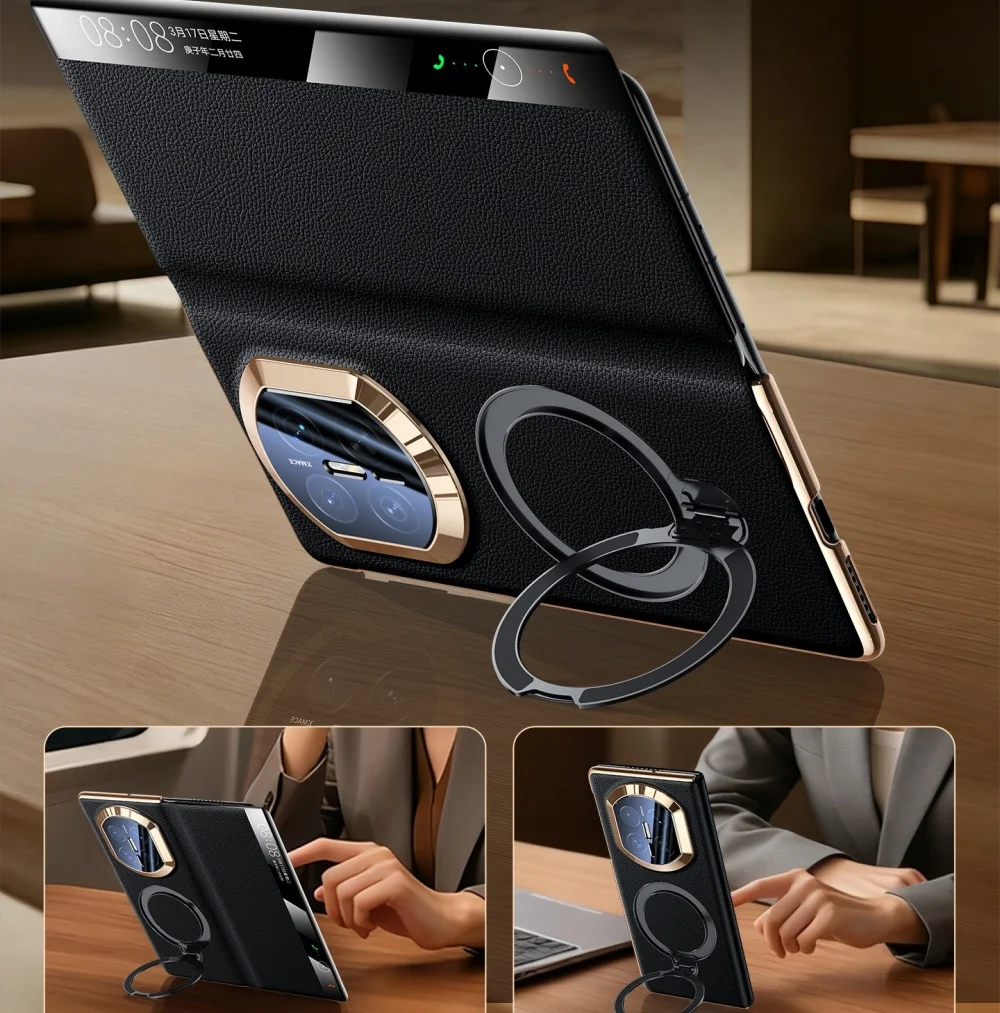 Genuine Cowhide Leather Litchi Pattern Case For Huawei Mate X5 X6 X7 Business Cover view 2