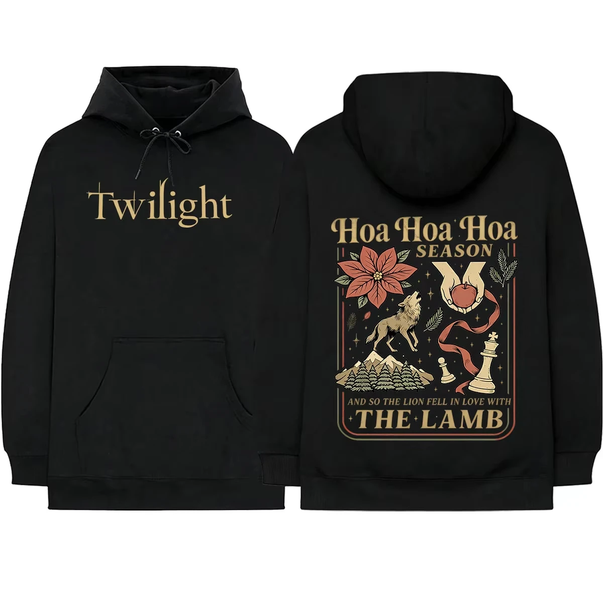 2026 Hot Twilight Wolf Apple Mountain Forest Illustration Front Back Print Hoodie Vintage American Oversized Unisex Sweatshirt