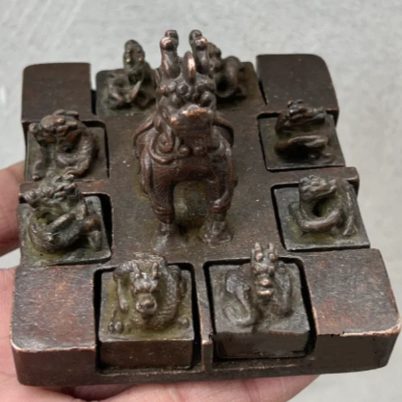 Vintage Bronze Nine Dragon Seal Stamp - Chinese Imperial Dragon Seal Collectible Craft for Home Study Desktop Display