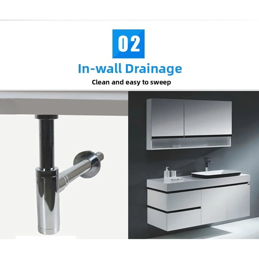 Washbasin Wall Drain Fixture with Press to Seal Bounce Mechanism Stainless Steel Body 32mm Drain Pipe PP PVC Inner Structure