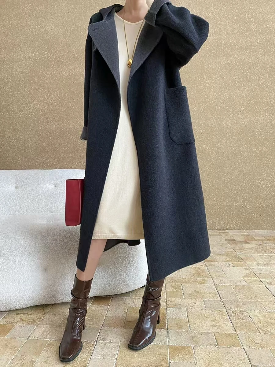 

Light Luxury Old Money Style High-End Sense Stand Up Collar Hooded Long Silhouette Woolen Double-Sided Coat