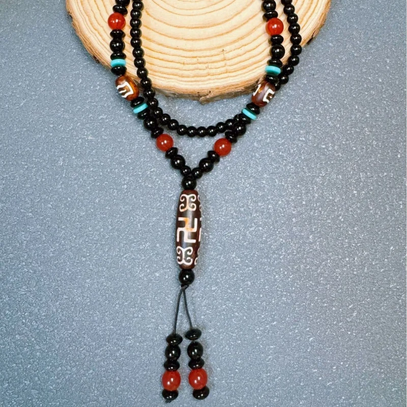 

Tibetan- nine-eye necklace, dzi bead sweater chain, agate pendant, ethnic style
