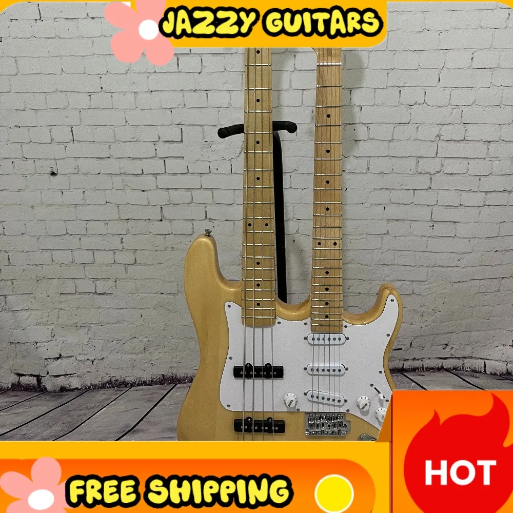 Yellow Double Neck Electric Guitar 4 String Bass 6 String Guitar Natural Wood White Protective Board SSS Pickups Free Shipping