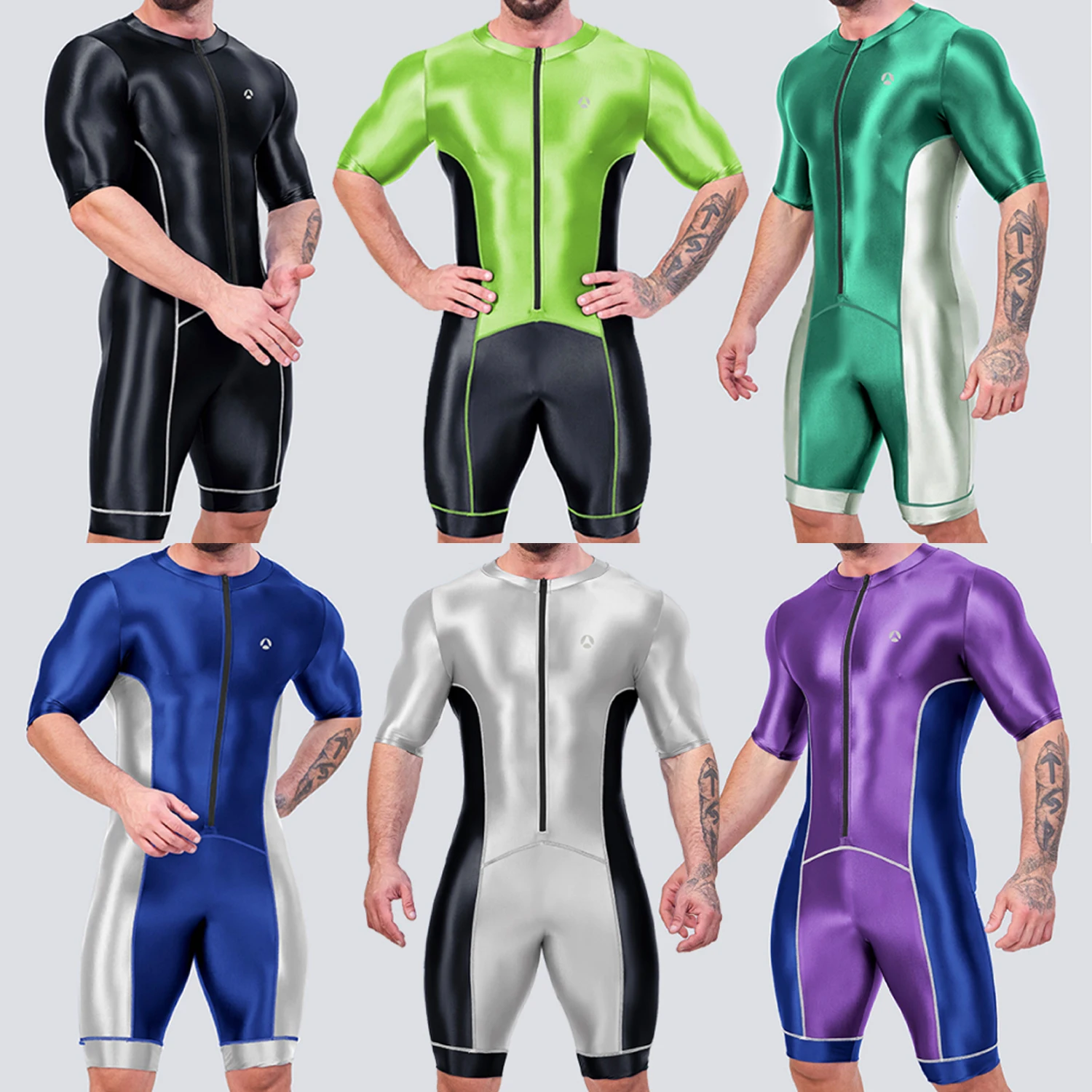 Amoresy masculino cetim brilhante óleo catsuit natação correndo meia manga bodysuits corrida ciclismo fatos de treino macacões de fitness