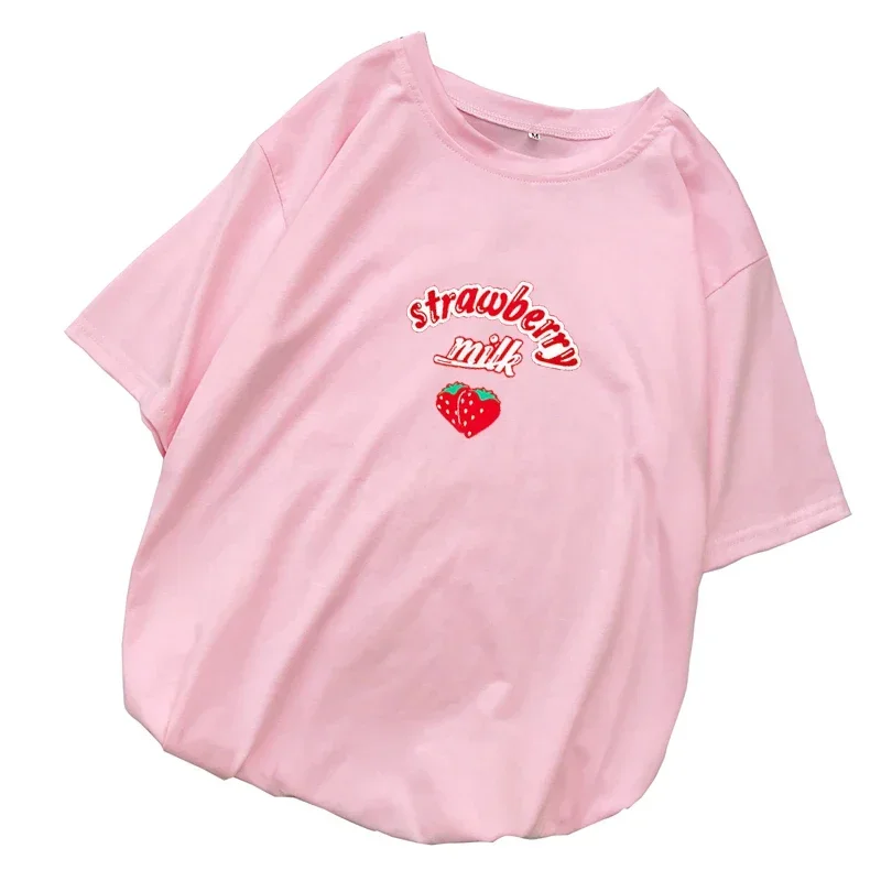 Summer Harajuku Kawaii Tops Cartoon Print Tee Shirt Strawberry Milk T Shirt Short Sleeve Women Femme Korean Style Casual Clothes