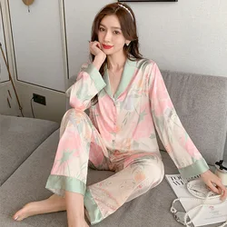 Two-Piece Pajama Set Ladies Cardigan Home Wear Floral Pattern Long Sleeve Fancy Underwear Sexy Nightwear Women Sleepwear Girl