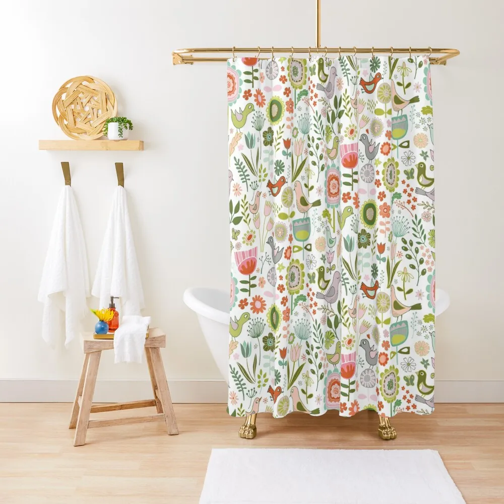 

Birds and Blooms - Springtime - Pretty Floral Bird Pattern by Cecca Designs Shower Curtain Bathroom Fabric Curtain