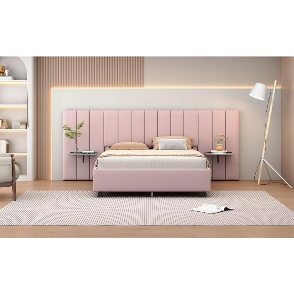 Cadre de lit rembourré en velours moderne queen size avec tables de nuit flottantes, lit plateforme avec tête de lit surdimensionnée à oreilles capitonnées