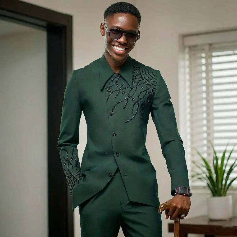 Single Breasted Men Suits with Stand Collar Luxury 2 Pieces Beaded Wedding Groom Tuxedo Asymmetrical Design Jacket with Pants