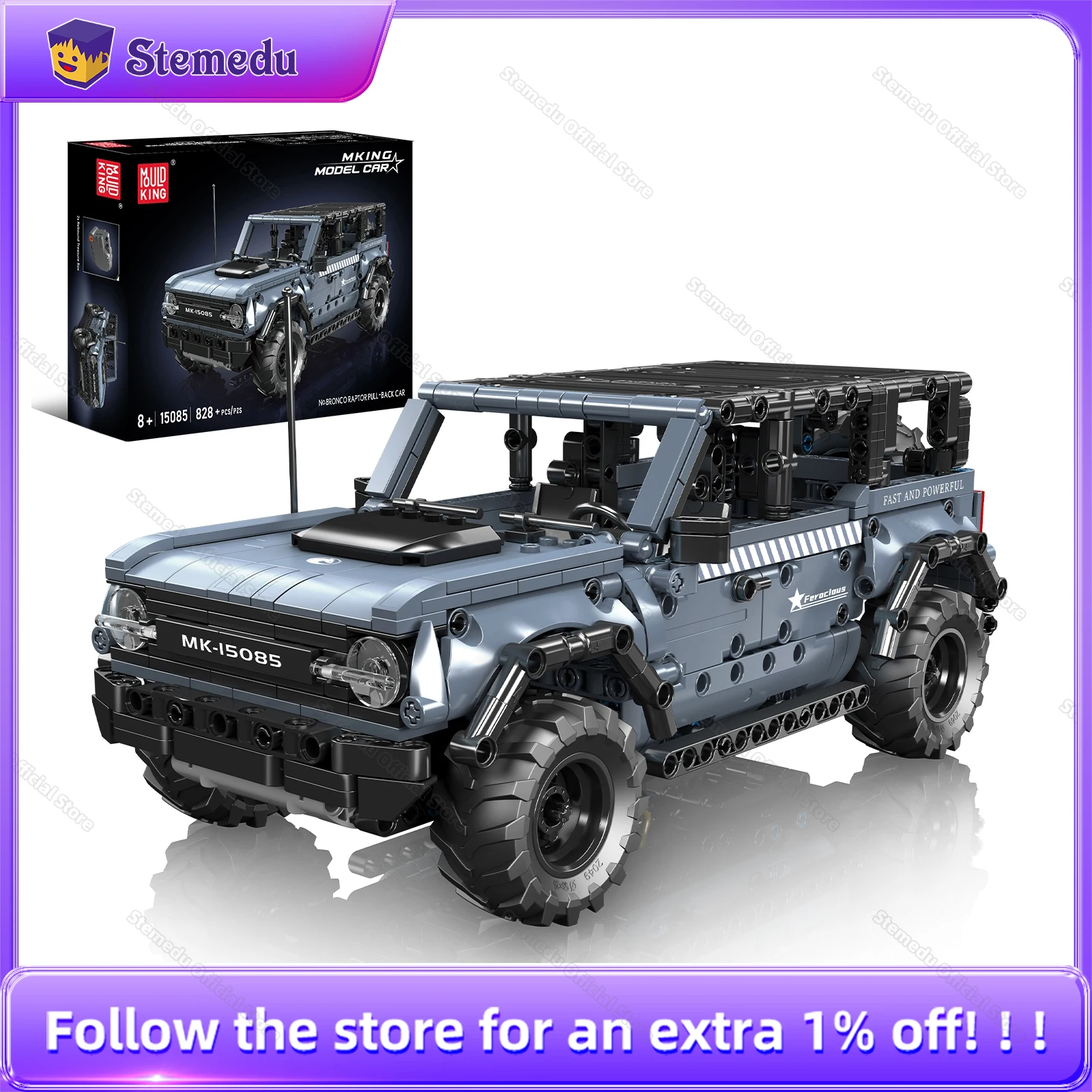

Mould King 15085 No.Broncos Raptor Pull-Back Car Building Blocks Off-road Vehicle Model Pull Back Motor Kids Brick Toy Gifts