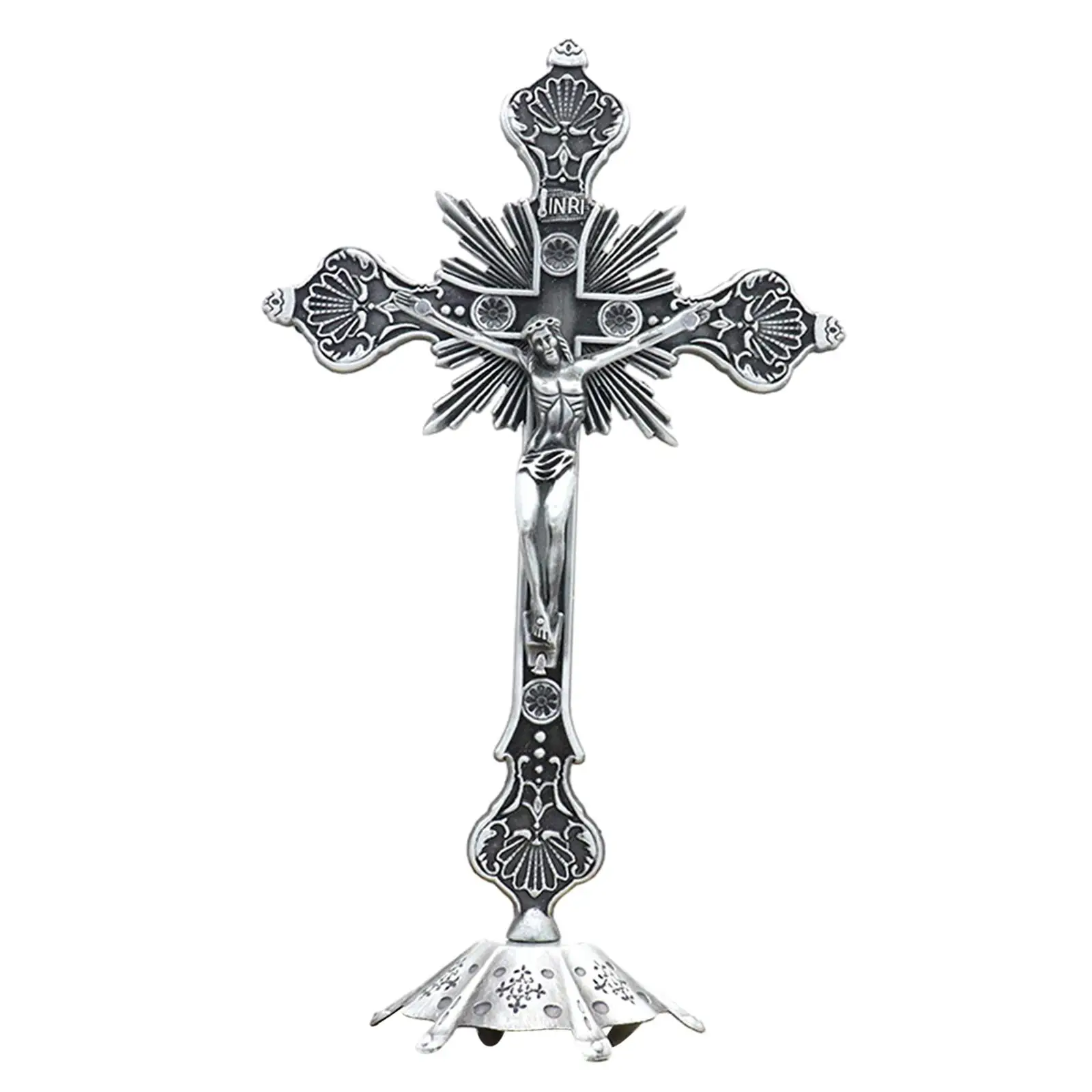 Crucifix with Stand Catholic Sculpture Jesus Cross Statue Figurine Standing Crucifix for Home Bedroom Living Room Table Prayers