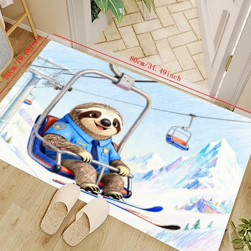 

1PC Adorable Sloth Ski Patrol Officer Cartoon Floor Mat, Funny Winter Mountain Adventure Area Rug for Kids Room Bedroom Living R