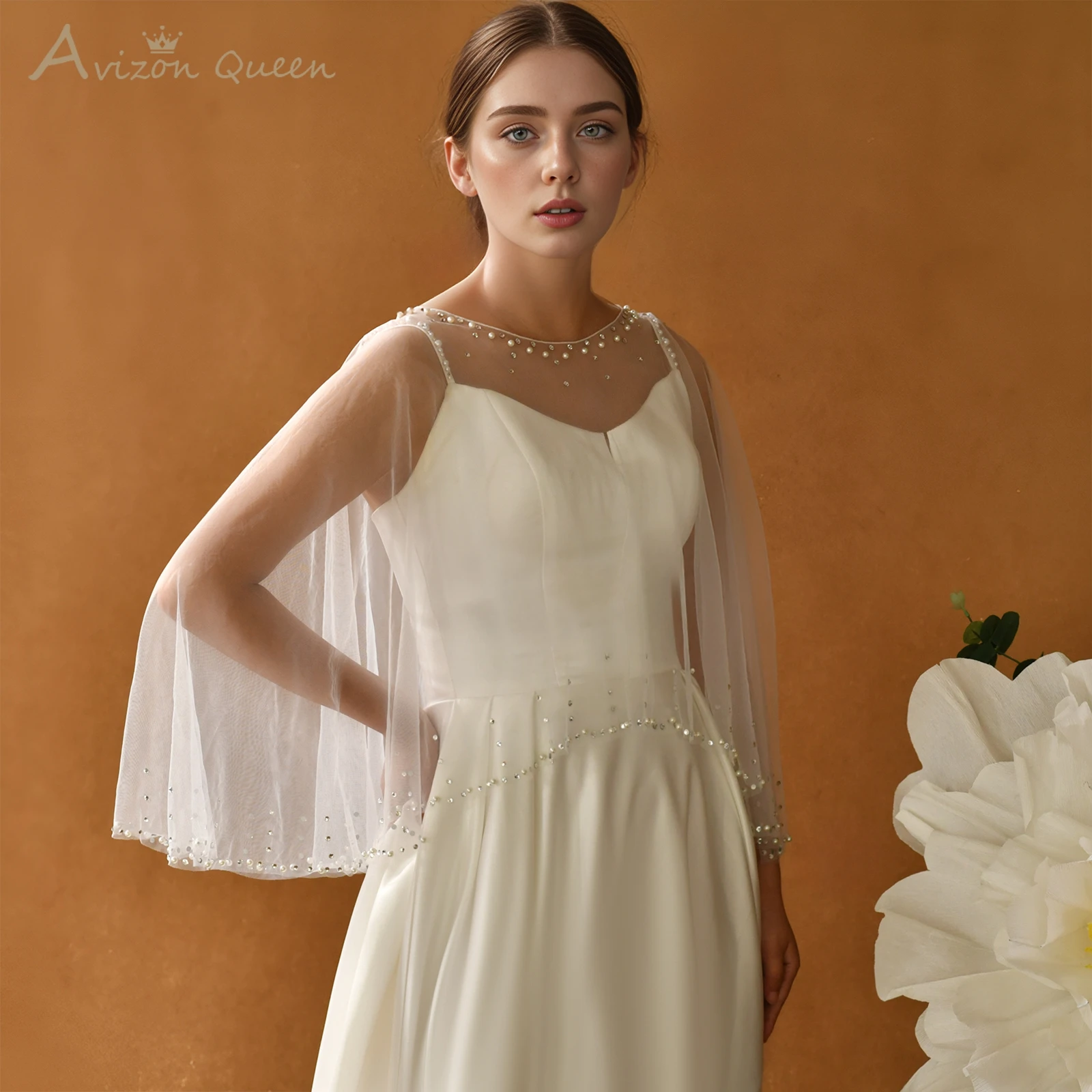 

Elegant Rhinestone Wedding Shawl with Imitation Pearls Short Summer Bridal Nylon Top Tulle Bridal Shawl Jacket for Bride MG31