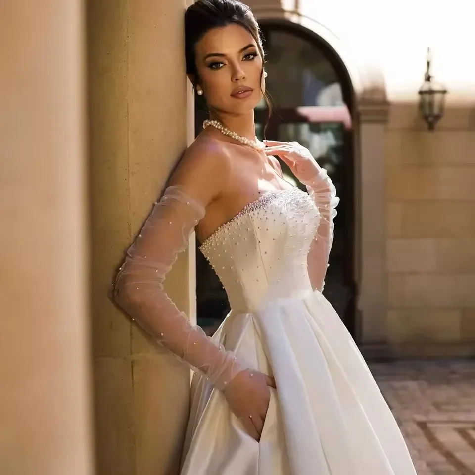 

Princess Strapless Pearls Wedding Dress 2026 Floor Length Pleats Detachable Sleeves Bridal Bride Gowns Vestidos De Noiva