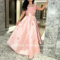 Elegant Pink 3D Flower Prom Dresses Square Collar Satin Sleeveless A Line Floor Length فساتين للمناسبات الخاصة