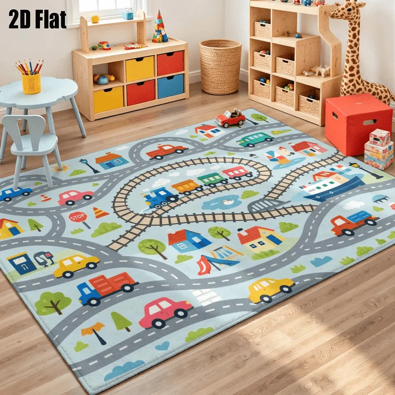 1Pc Cartoon Transportation Town Pattern Printed Rug, Retro Art Decorative Rug for Living Room, Bedroom, Dining Room, Bedside, Indoor and Outdoor Patio, Home Decor