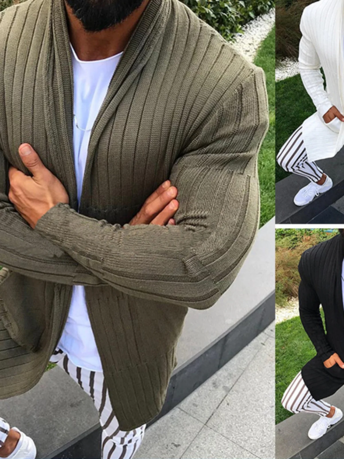 

Длинный вязаный кардиган-жакет средней длины с отложным воротником для молодых мужчин, повседневная одежда