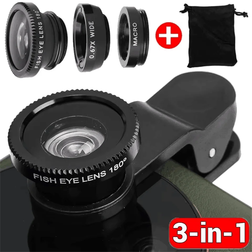 Lente ojo de pez 3 en 1 para teléfono, gran angular 0.67X, lente micro cámara con clip para iPhone Samsung Xiaomi, kit de lente zoom