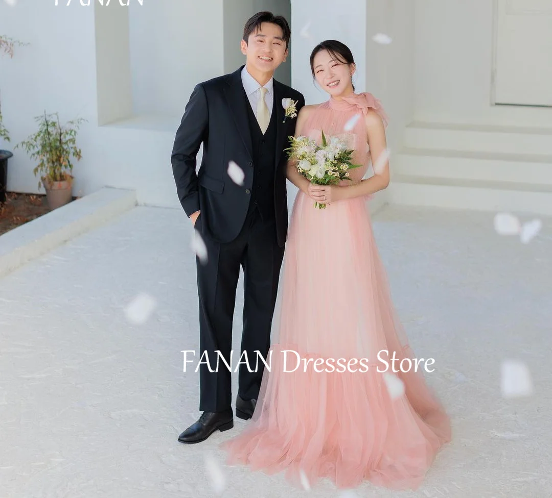 FANAN High Neck Evening Party Dresses Korea Pink Pleated Zipped Tulle Customized Wedding Women Formal Gowns Event Prom Gowns