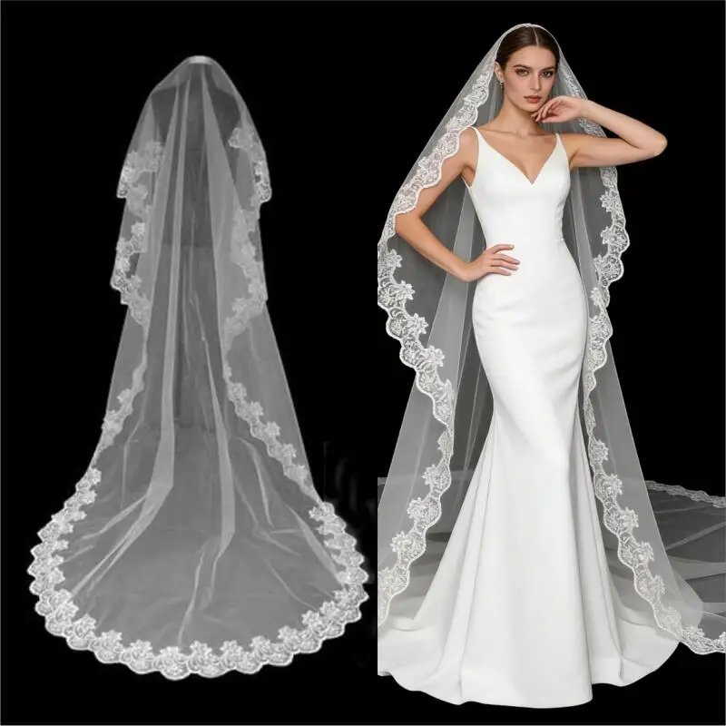 Women Lace Edge Wedding Veil Long 150cm Tulle Veil White 1 Layer Cathedral Soft Headscarf For Bride Bridal Photography Props
