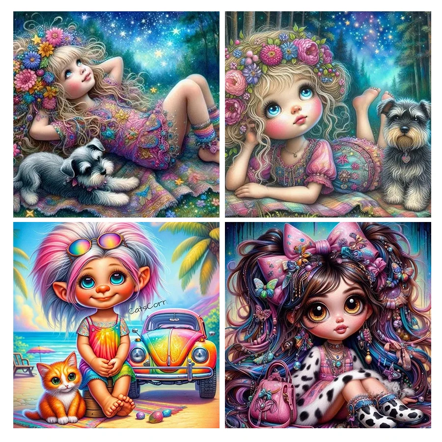 Fullcang Diy Diamond Painting Hippie Cool Boy And Cat Travel Full Rhinestone Art Mosaic Embroidery Cartoon Picture Wall Decor