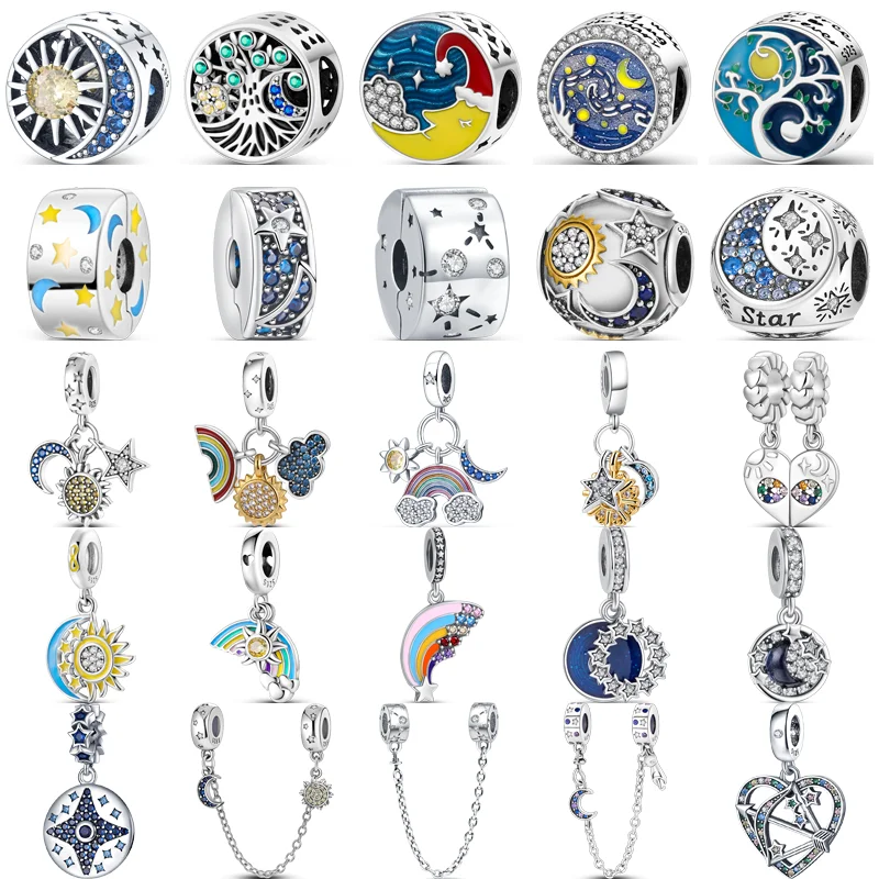 

Fit Original Pandora Charms Bracelet 925 Sterling Silver Blue Star Moon Golden Sun Rainbow Pendant Safety Chain Galaxy DIY Beads