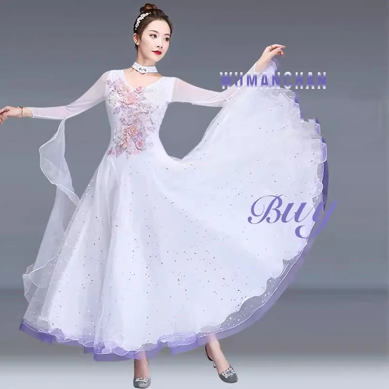 

Standard Dance Dress Competition Strap Ladies Banquet Dress Long Sleeve Rhinestone Large Skirt Decal Flamenco Skirt White