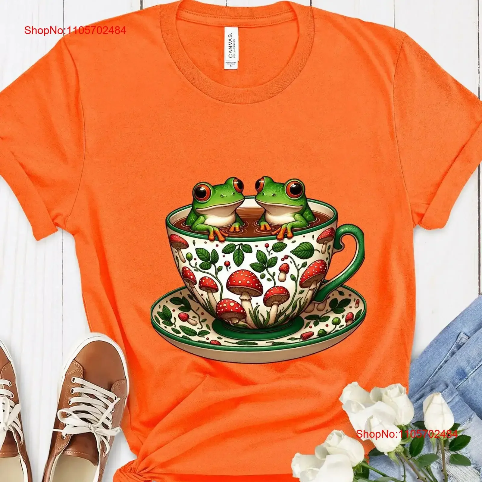 Frog in Teacup T Shirt Floral Mushroom Coffee Design Nature Inspired Artistic Top Casual and Unique Idea vintage Washed Stylish