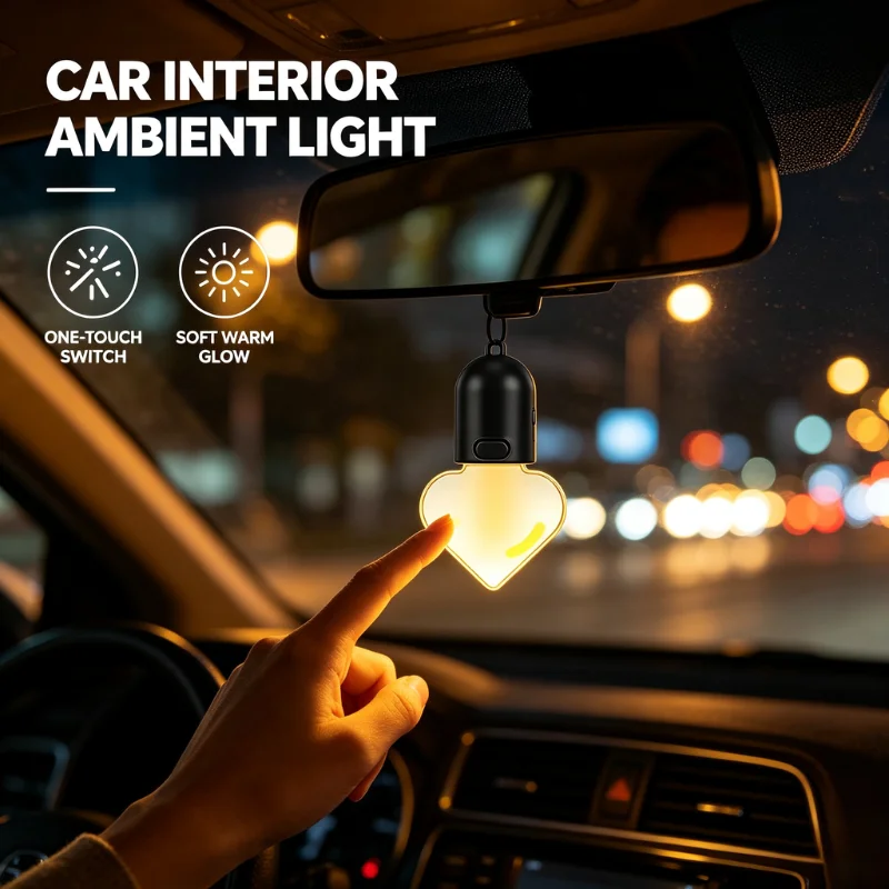 Sweet Heart LED Car Hanging Atmosphere Light USB Rechargeable White Warm Rearview Mirror Pendant Auto Interior Decoration Lamp