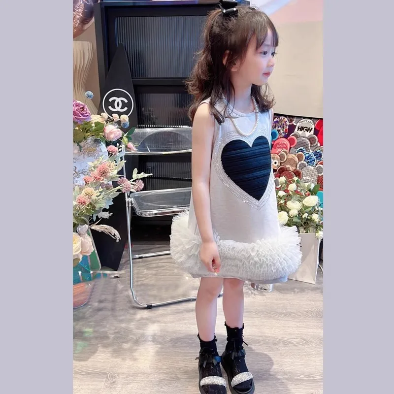 Girls' Dress Heart Sleeveless Puff Dress Princess Dress2025Summer New Fashion Foreign Trade Children's Clothing Source