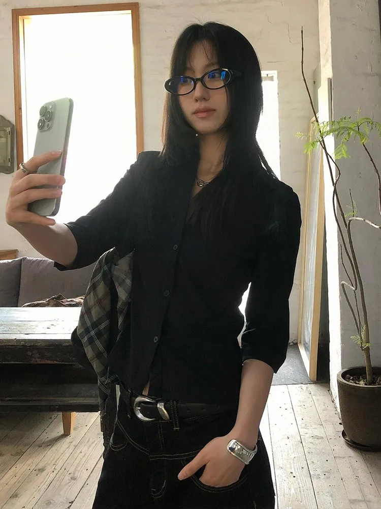 Genayooa Vintage Casual Shirt Women Three Quarter Black Shirts 2000s Japanese Y2k Retro Tops Slim Shirts Streetwear Blouse Tops