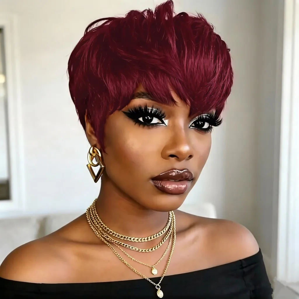 

straight wig human hair wig black brown burgundy 99j color pixie wig pixie cut human hair pixie cut short straight human hair wig 6inch machine made wig 150% density hair wig