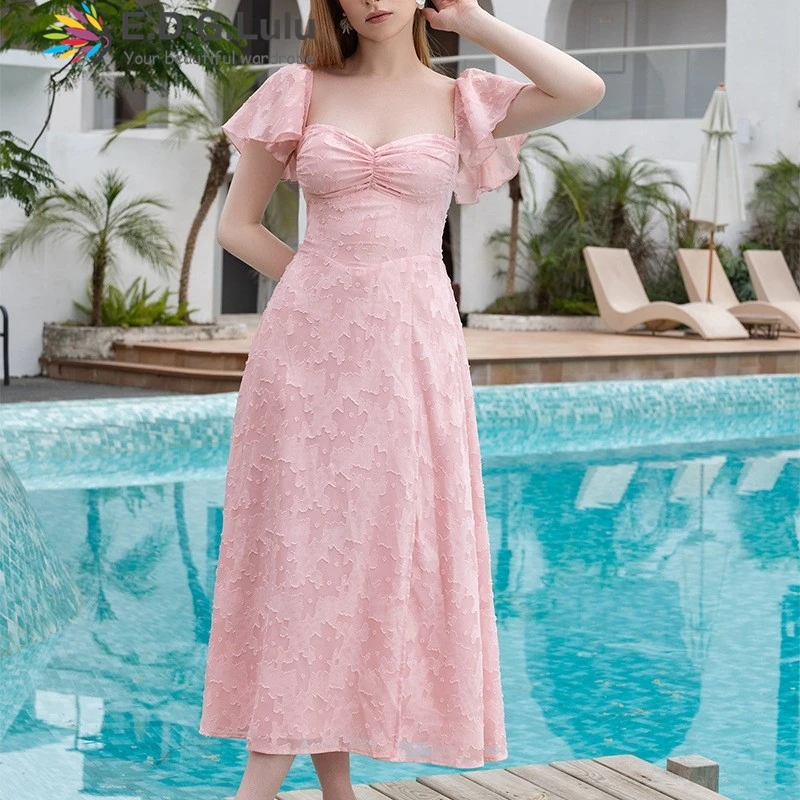 EDGLuLu スイート刺繍フローラルピンクレースロングパーティードレス レディース 2025 ストラップレスロータスリーフスリーブ バックレススリットドレス 0828