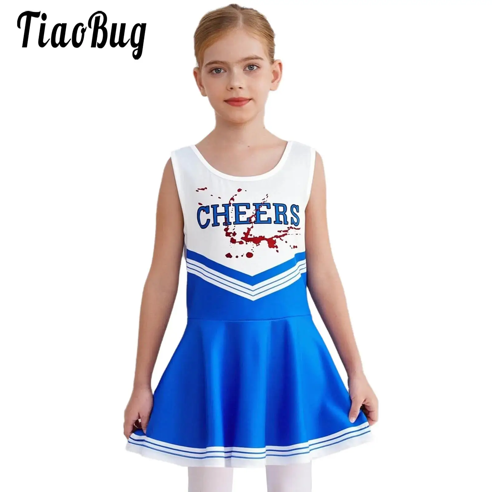 

Kids Girls Cheer Leader Costumes Color Contrast Sleeveless Cheer Dance Dress for Stage School Sports Meeting Halloween Party