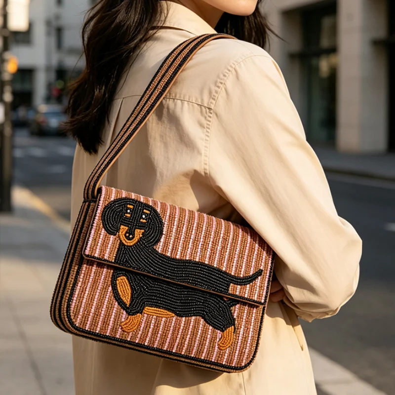 Luxury Fashionable Animal Pattern Shoulder Bag Cute Puppy Dog Embroidered Armpit Bag New Women's Commuting Handbag Square Bag