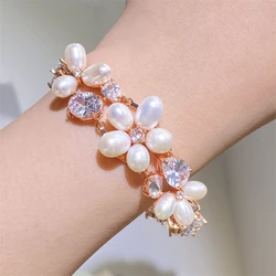 ZAKOL New Pearl Bracelets For Women Fashion Leaf Flower Shape Zircon Adjustable Link Bracelet Exquisite Bracelet Jewelry Gifts