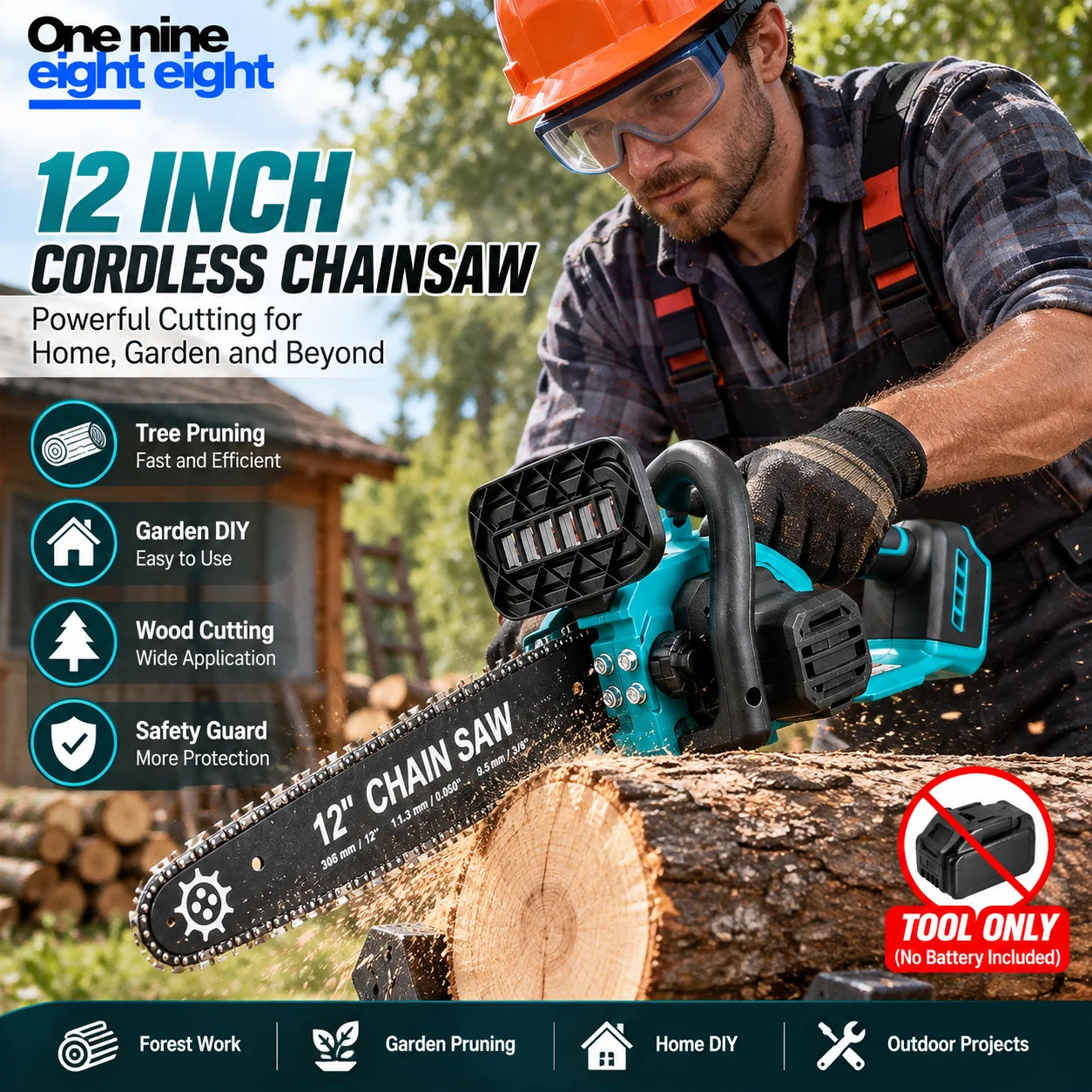 One Nine Eight Eight 12 Inch Cordless Chainsaw High Power Lightweight Electric Chain Saw Safety Guard for Wood Cutting Garden Tr