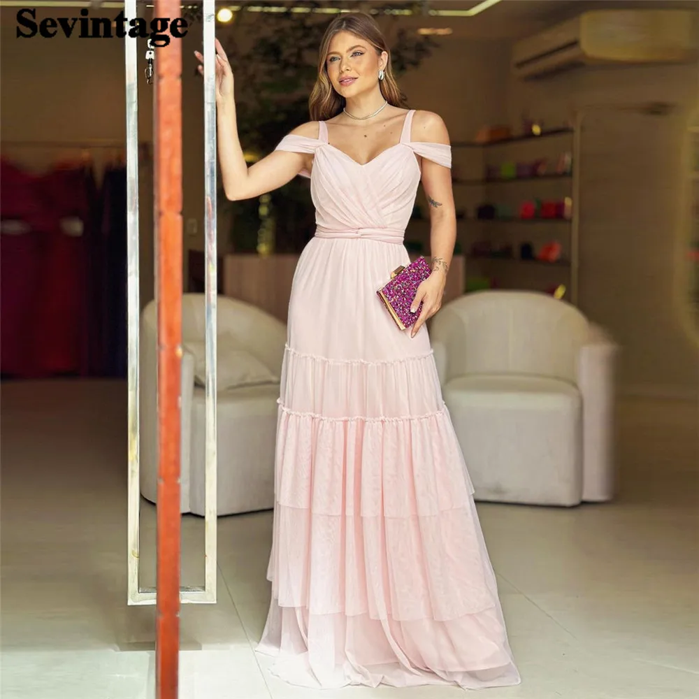 

Sevintag Faint Pink Chiffion Prom Dresses Off The Shoulder Pleat Ruched Long Cape Sleeves Formal Evening Dress Women Party Gowns