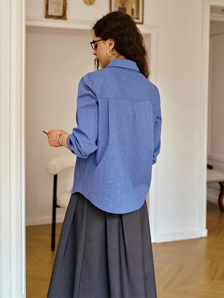 OLrain เสื้อเชิ้ตลายสก๊อตผู้หญิง 2025 ฤดูใบไม้ร่วงเย็บปักถักร้อยแขนยาวรอบคอเสื้อผ้าฝ้ายเสื้อกระดุมแถวเดียว O57QC001285