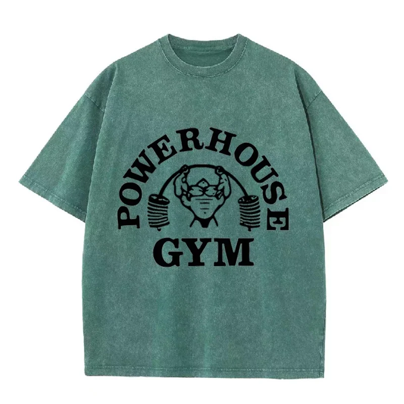 Powerhouse Gym Fitness Print Vintage Washed T-Shirt Gym Workout Casual Tee – Detail 10