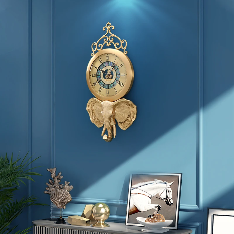 Lucky brass elephant wall clock light luxury home porch decorative wall clock creative luxury watch art wall clock.