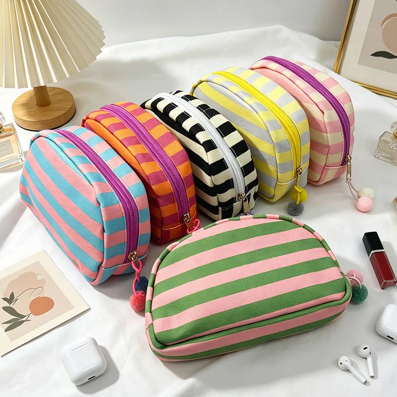 Colorful Striped Canvas Shell Makeup Bag Portable Travel Cosmetic Pouch Multifunctional Storage Make Up Case Purse