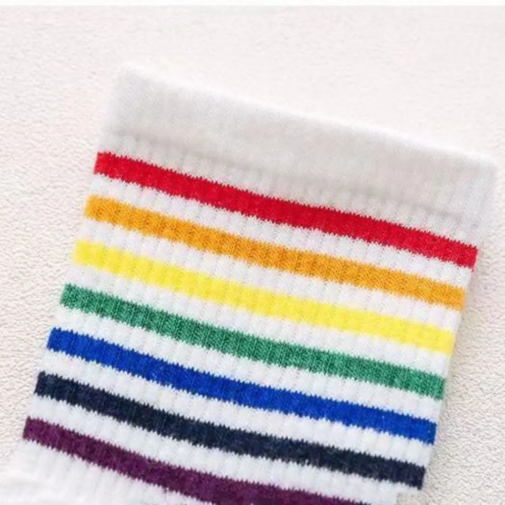6Pairs Fashion Multicolor Rainbow Stripes Socks Mid-calf Breathable Rainbow Tube Sock Hosiery Patchwork Cotton Socks Streetwear