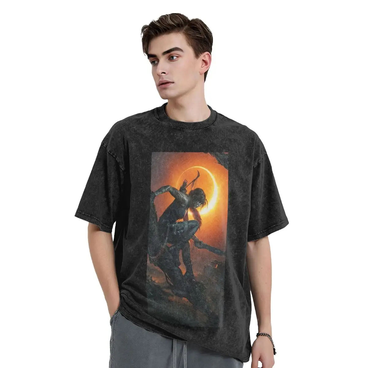 Tomb Raider Lara Croft Games Angelina Jolie Gaming Rise Reboot Croft Manor Washed T Shirts Short Sleeve Hip Hop T-Shirt