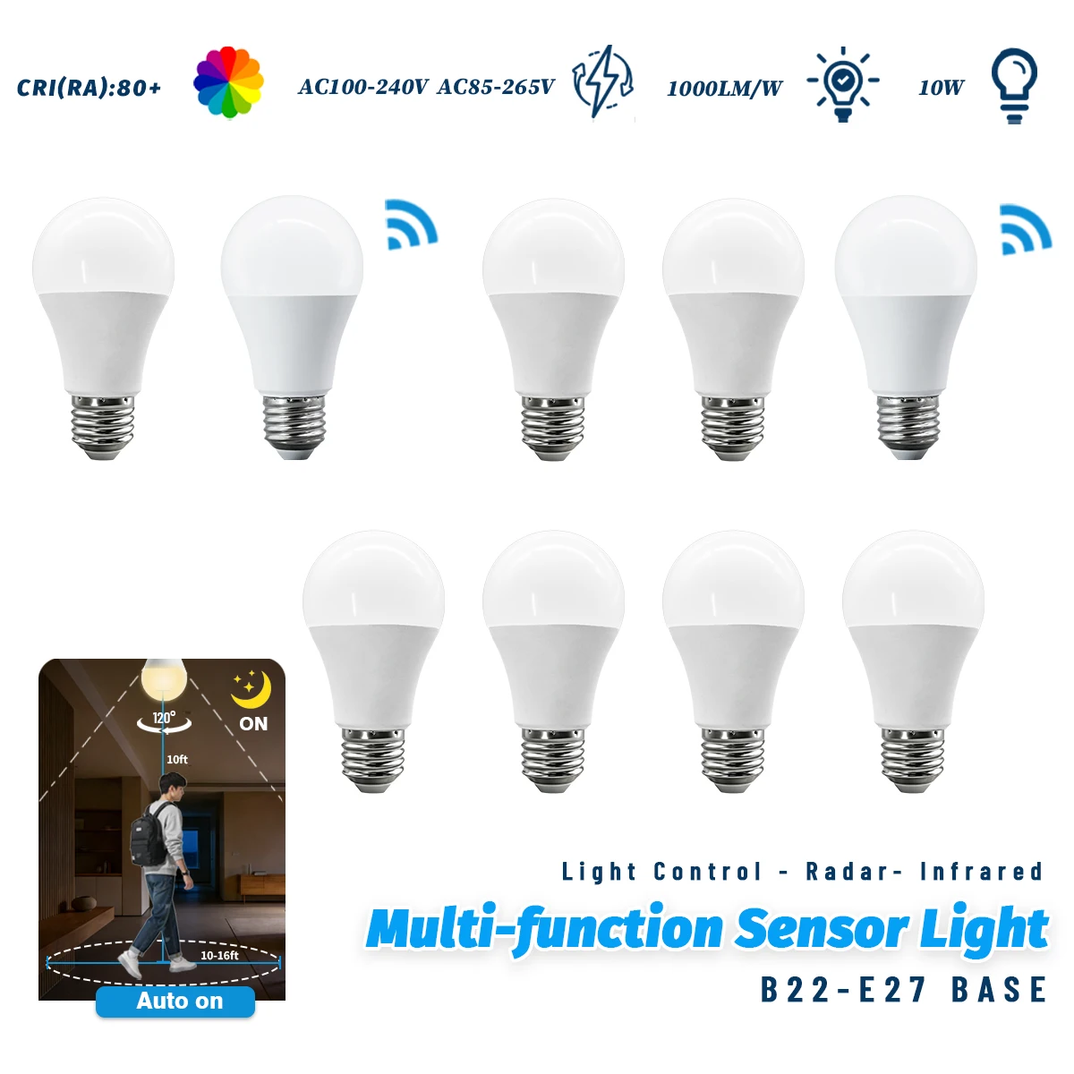 

Набор из 10 светодиодных ламп E27 с датчиком движения (радар/ИК), 10 Вт, AC100-240В, для обнаружения движения и обеспечения безопасности