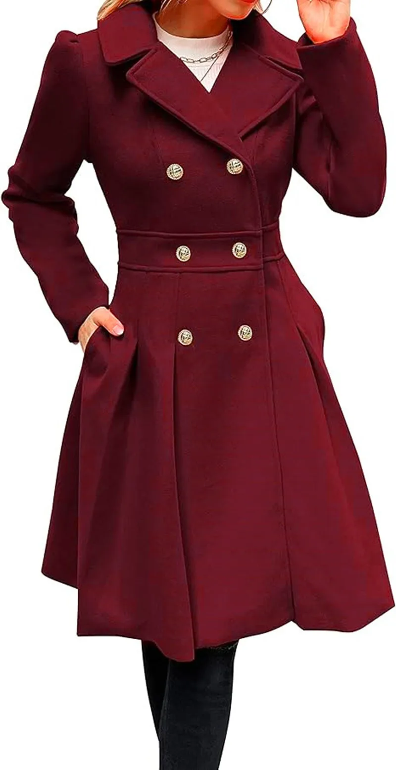 2024 Women's Fashion Trench Coat Autumn Winter Pink Notch Lapel Double Breasted Thick A Line Pea Coats Jacket with Pockets