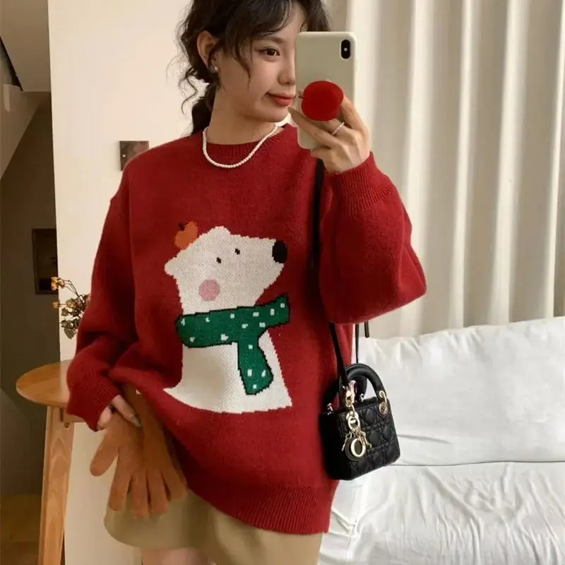

Handmade 3D flower embroidered sweater for women autumn and winter new loose round neck pullover sweater Korean sweaters