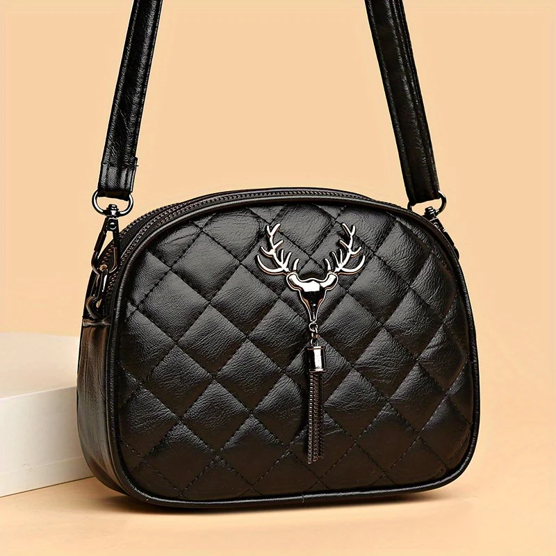 

Vintage PU Leather Shoulder Bag With Quilted Design, Soft Leather Crossbody Messenger Phone Bag With Deer Charm Detail