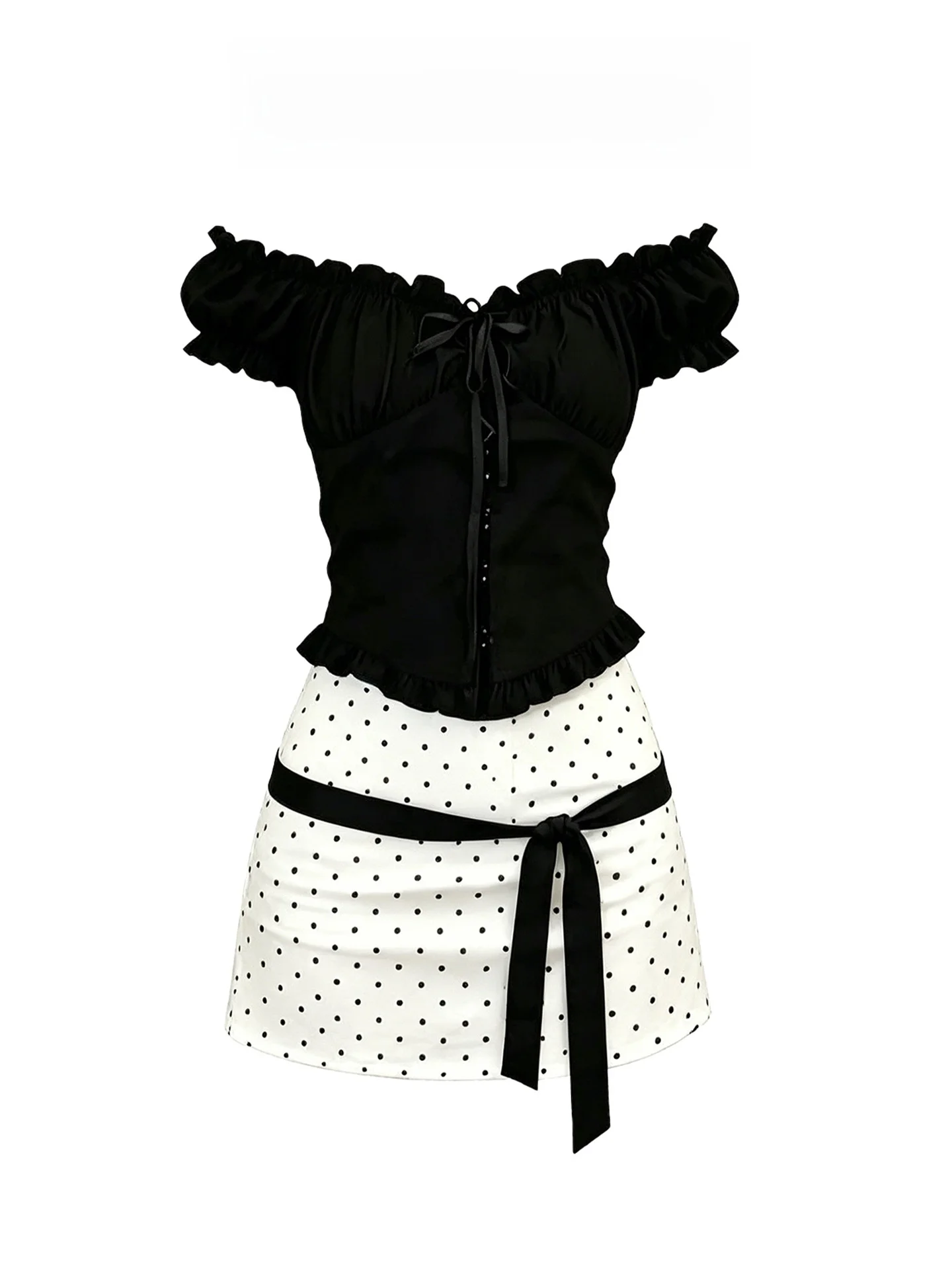 

Summer Fashion Set Women's Black One-Shoulder Waist-Cinched Top Polka Dot Half-length Skirt Two-Piece Suit Elegant Miss Rich ...